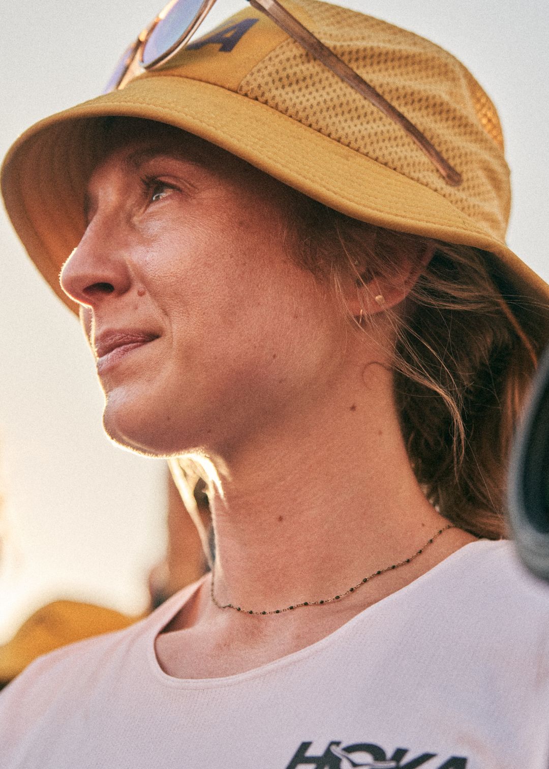 Close up of woman in bucket hat